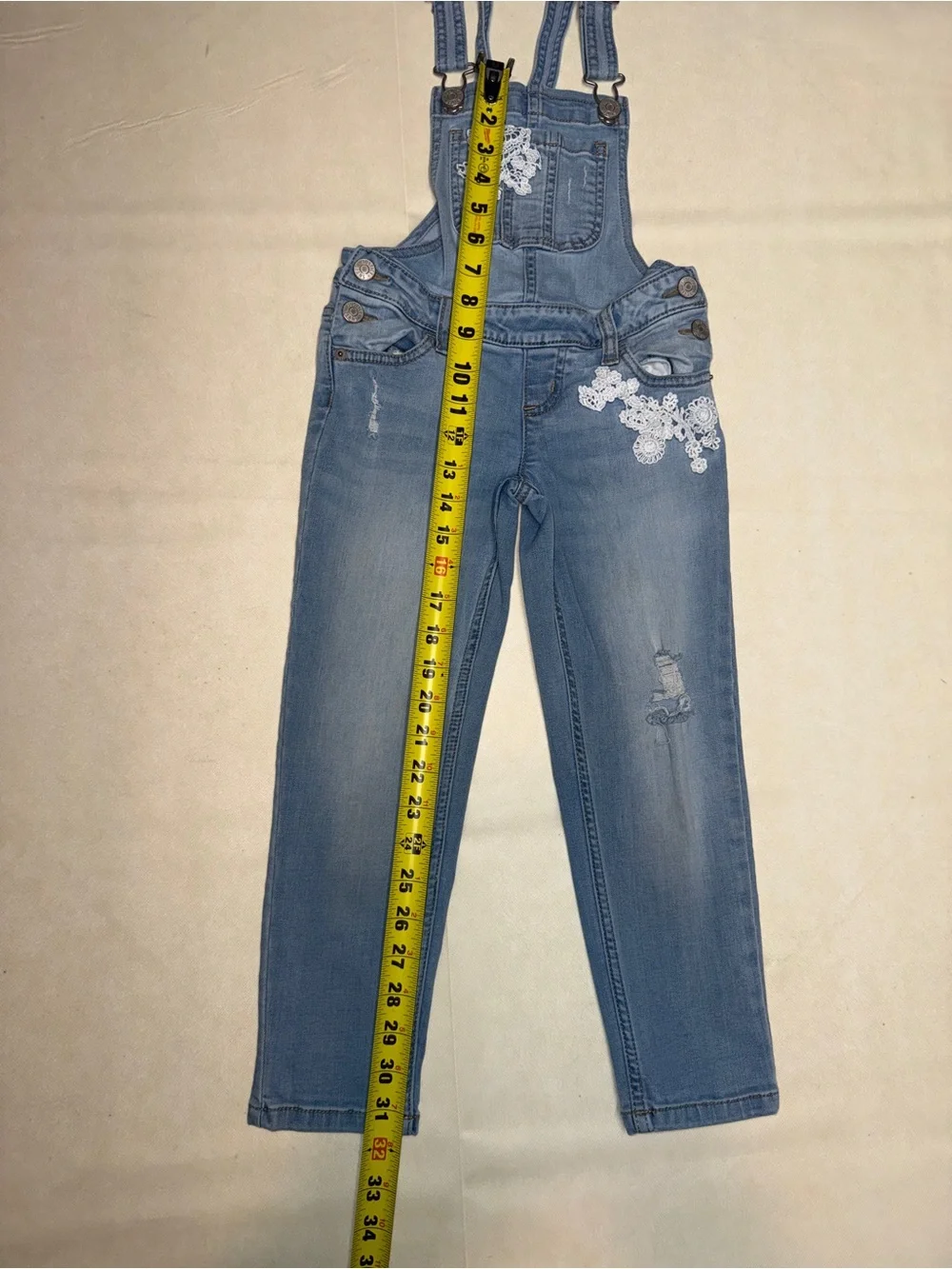 Justice Light Blue Denim Overalls with White Lace Appliqué